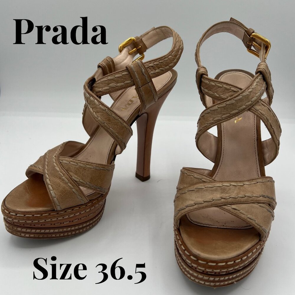 Prada Taupe Leather Woven Espadrille Platform Sandals - 36.5 (US - 6.5)